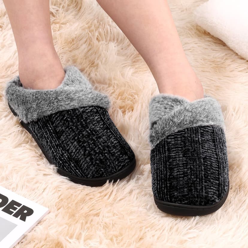 Homitem Slippers for Women Fuzzy House Slip on Indoor Outdoor Bedroom Furry Fleece Lined Ladies Comfy Memory Foam Female Home Shoes Anti-Skid Rubber Hard Sole