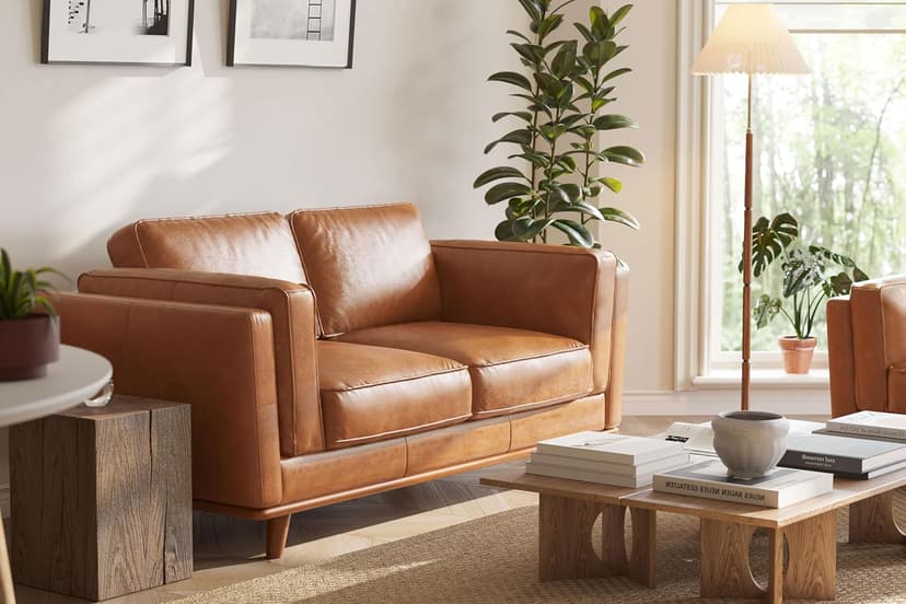 Valencia Artisan Full Leather Loveseat Sofa 66” - Pure Full Italian Nappa Leather Couch, Solid Wood Accent, Ultimate Comfort, Cognac Tan