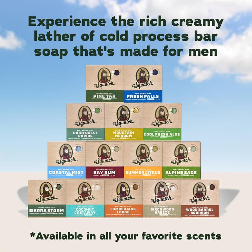 Cleansing Cold Process Soap, Gifts for Men (Coastal Mist, Fresh Falls, Sierra Storm, Rainforest Rapids & Coconut Castaway) Dr. Squatch Natural Men’s Bar Soap, Body Soap Bar (5oz, 5-Pack) B0F197LRLH