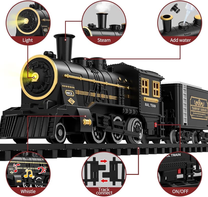 TEMI Steam Train Toy Set for Boys 3 4 5 6 7 Years, with Sounds & Light, Electric Classical Engine Locomotive for Kids, Rechargeable Model Train Kit for Christmas Tree, Cargo Car Railway Tracks