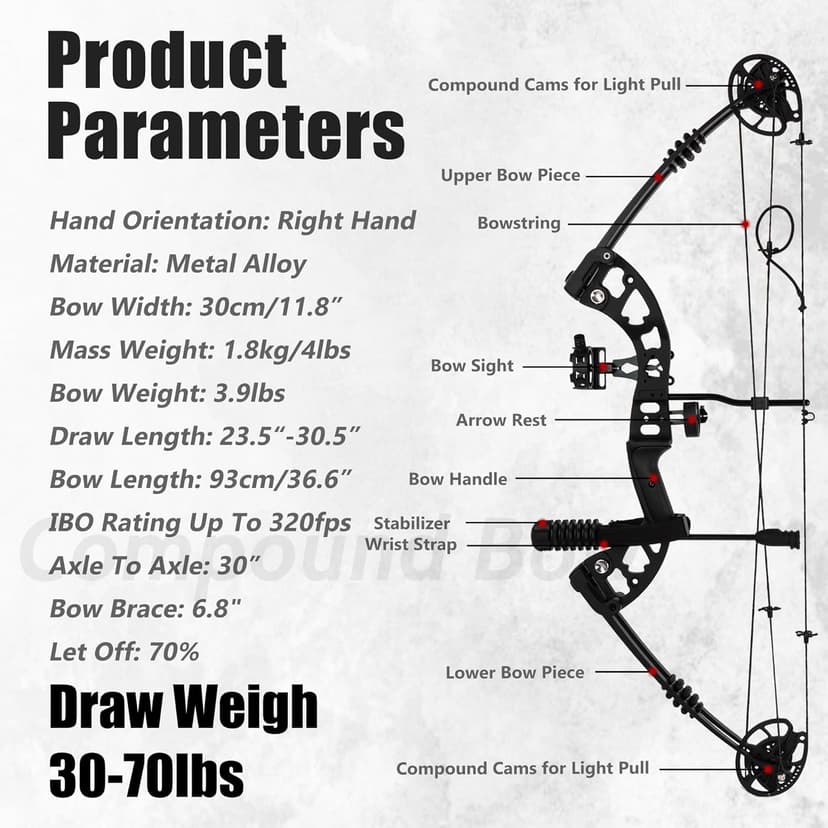 Compound Bow Kit Adjustable for Outdoor Use & Target Practice, 30-70lbs Archery Set with Carbon Arrows and Accessories
