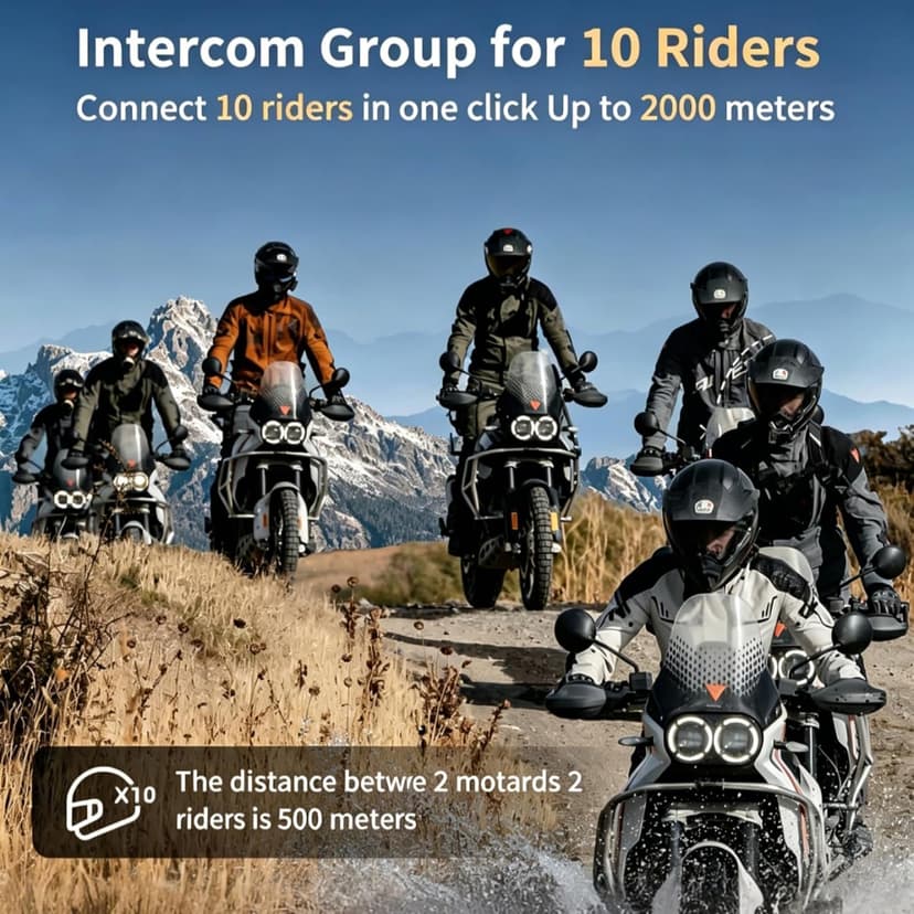 Fodsports FX8 PRO Motorcycle Bluetooth Intercom, 10-Rider Group Helmet Communication System, Music Sharing, Universal Wireless Interphone（APP/Waterproof/Stereo Music/GPS/2 Mics） (Double Pack)
