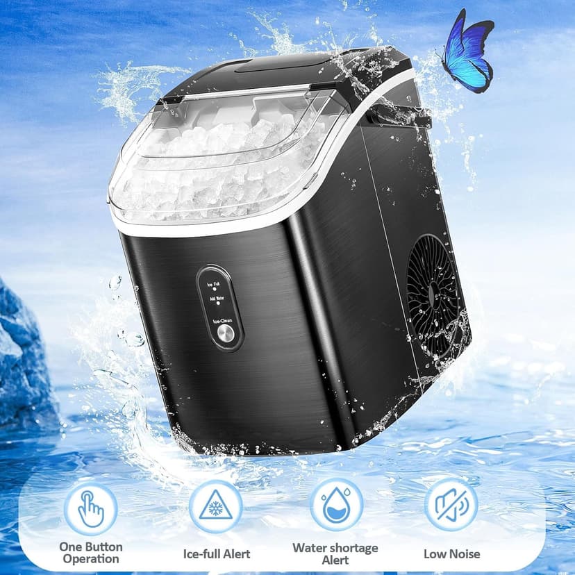 Antarctic Star Nugget Ice Maker Countertop with Soft Chewable Ice, Portable Sonic Ice Maker with Basket and Scoop, Removable Top Cover, Auto-Cleaning for Home/Party/RV/Camping (Stainless Steel Black)