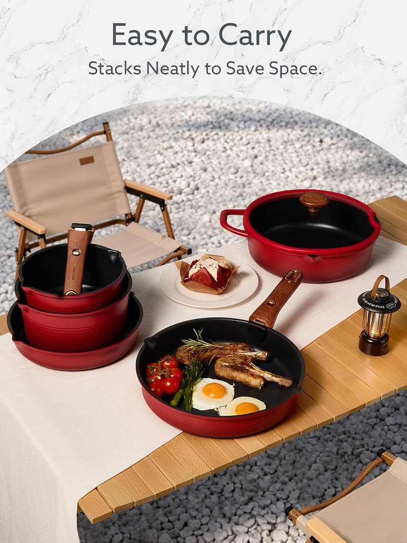 Non-Stick, Non-Toxic, Induction Compatible, Dishwasher & Oven Safe, Space Saving, Camping Cooking, House Warming Gift, Red CAROTE 20pcs Titanium Cookware Set, Detachable Handle Pots and Pans Set B0G6DTV7NG