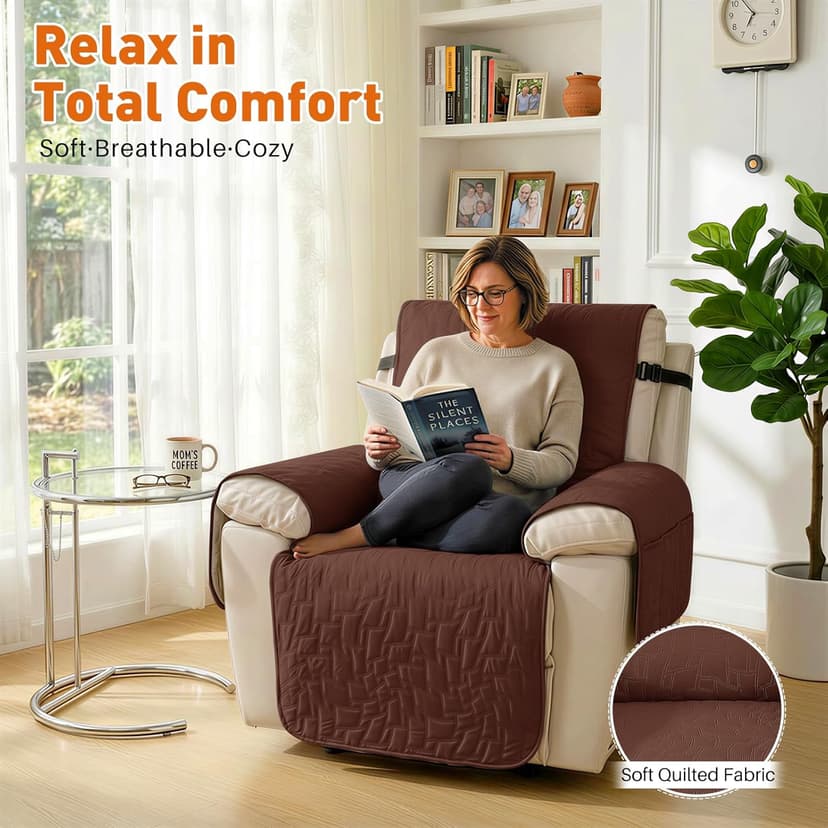 100% Waterproof Recliner Chair Covers,Non-Slip Chair Cover Dog Furniture Protector Recliner Covers Washable Slipcover with Pocket,Elastic Straps for Pets,Dogs,28",Coffee
