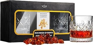 Bourbon Gummy Gift Set with 2 Whiskey Glasses – Bourbon-Flavored Candy Bears & Crystal Lowball Glasses – Father’s Day Gift for Whiskey & Scotch Lovers, Dad, Husband, or Him – Tasting Set