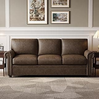 ONBRILL Faux Leather Sofa, 84 Inches Nailhead Trim Couch for Living Room, Mid-Century Modern Deep Seat Sofa with Rolled Arms, Classic 3 Seater Couch for Apartment, Office, Brown