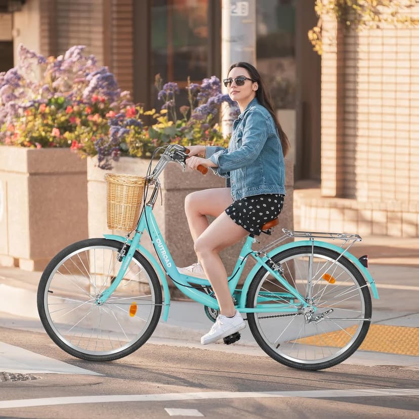 Outroad Beach Cruiser Bike, 24/26 inch Commuter Bicycle for Adult and Women,High-Carbon Steel Comfortable City Bikes with Rear Rack and Basket, (Black/Pink/White/Green/Purple)