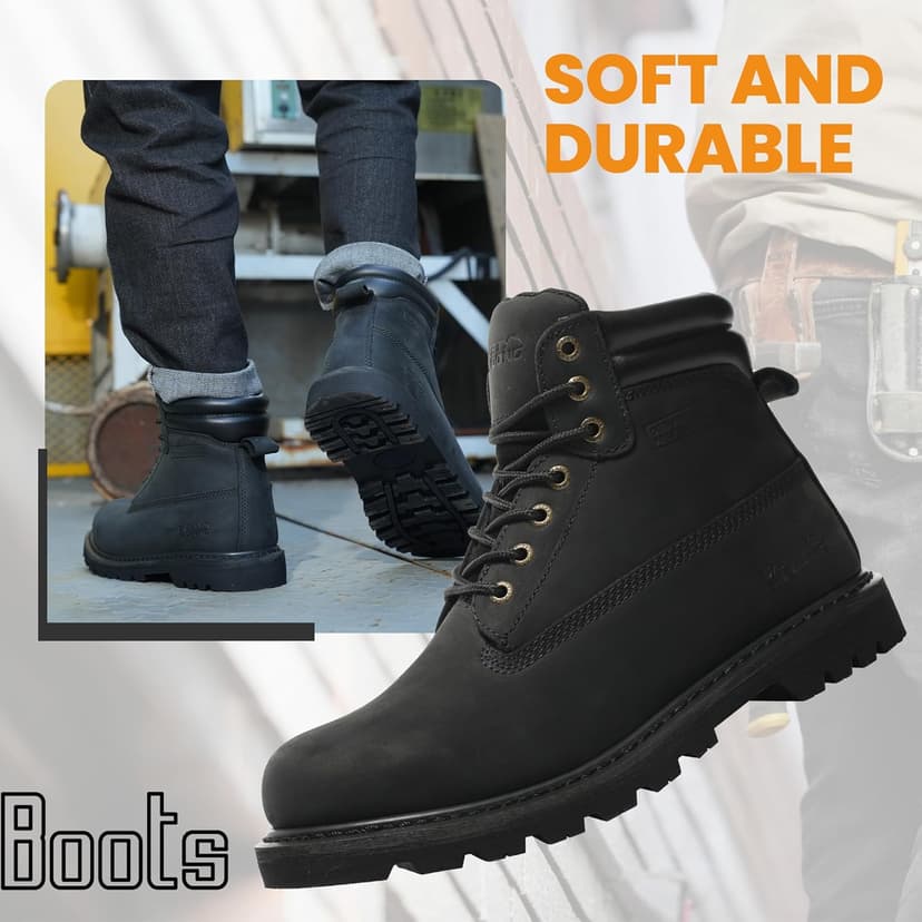 SAFETY LOONG Work Boots for Men Waterproof Soft Toe Non Slip Comfortable Leather Workboots