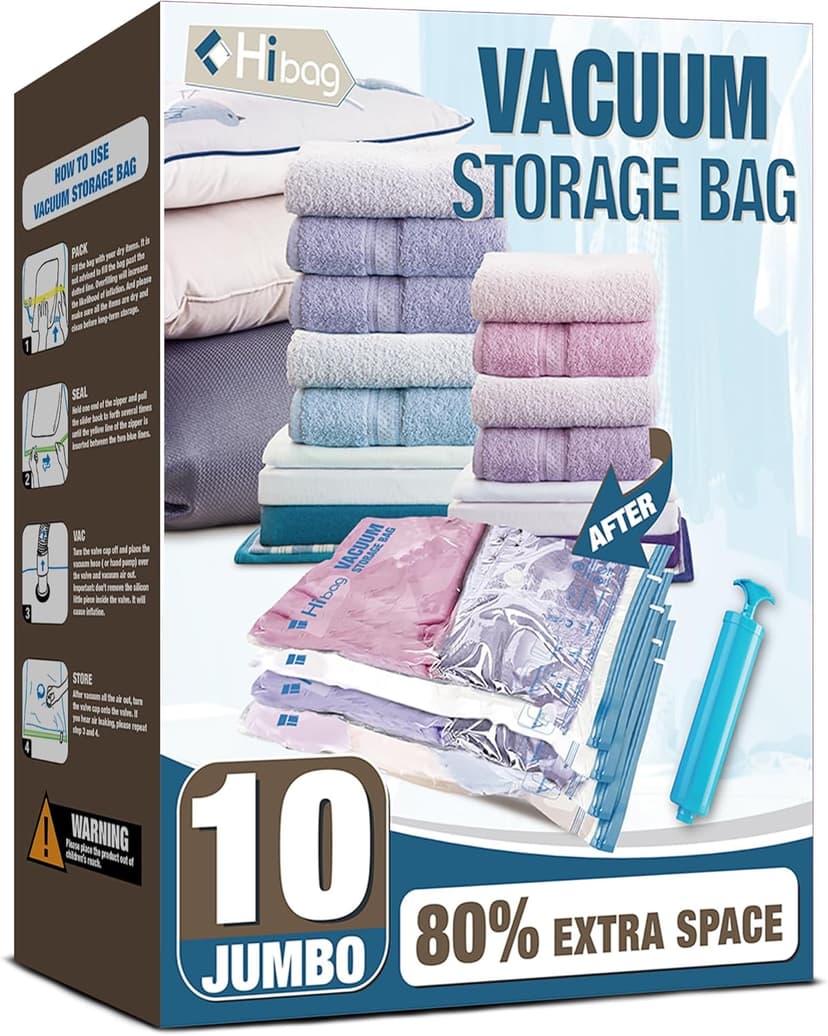 HIBAG Vacuum Storage Seal Bags, 10 Jumbo Space Saver Vacuum Sealer Bags for Clothes, Comforters, Blankets, Bedding (10J)