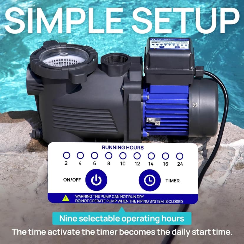 AQUASTRONG Above Ground Pool Pump 115v High Flow 1.25"&1.5''adapter Powerful Self Primming Swimming Pool Pumps with Filter Basket,4332GPH 3/4 HP with Timer