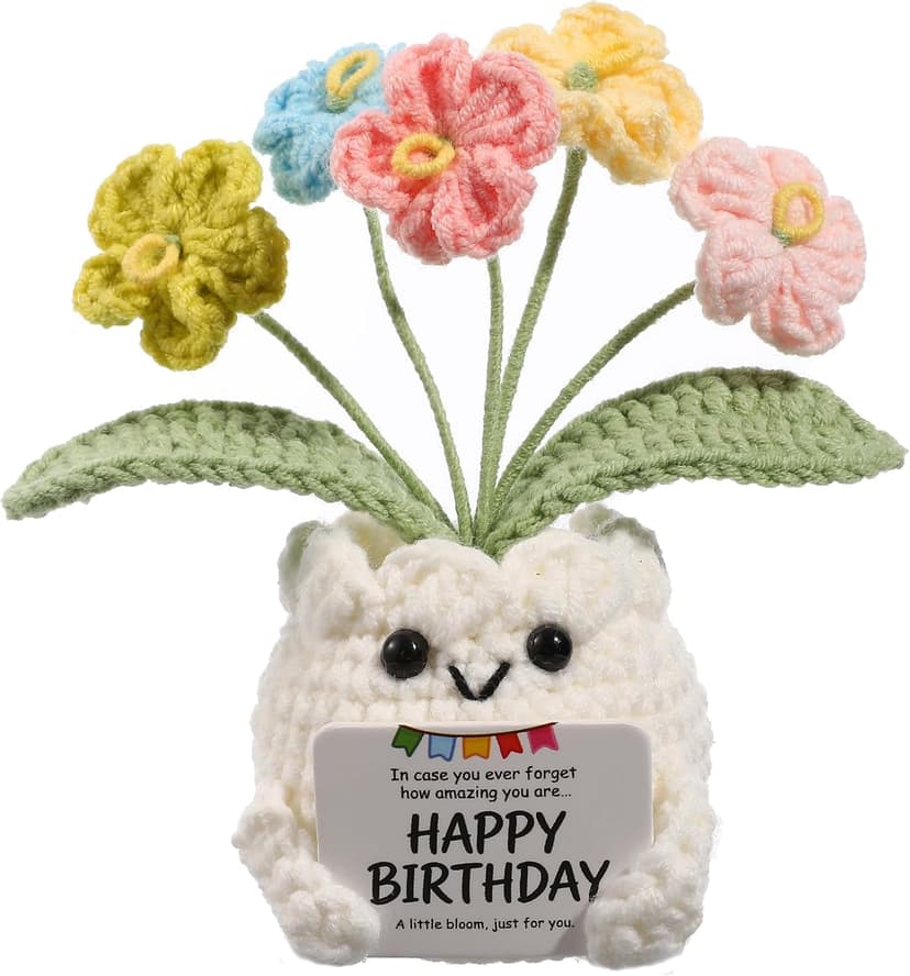 Happy Birthday Message Card, Cute Colorful Handmade Keepsake, Gift for Her, Mom, Best Friend, Sister, Coworker, 4.7 × 2.4 In Crochet Forget Me Not Flower Pot Birthday Gifts for Women B0GXV6J1ZG