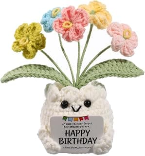 Happy Birthday Message Card, Cute Colorful Handmade Keepsake, Gift for Her, Mom, Best Friend, Sister, Coworker, 4.7 × 2.4 In Crochet Forget Me Not Flower Pot Birthday Gifts for Women B0GXV6J1ZG