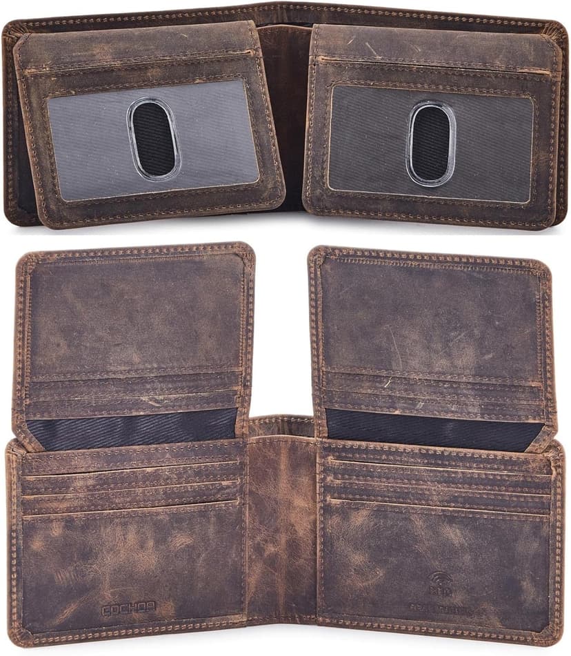 Cochoa Mens Wallet Real Leather Bifold RFID Blocking High Capacity Card Case with 2 ID Window in Gift Box (Crazy Horse, Moss)