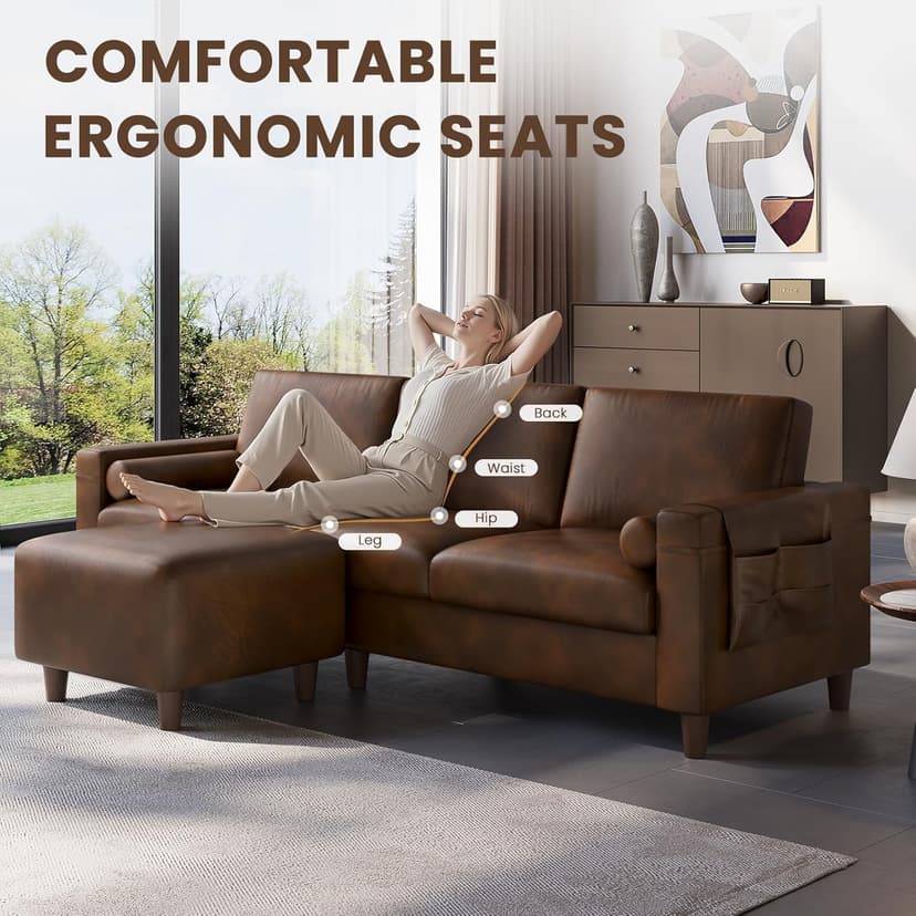 Vesgantti 100" PU Faux Leather Sofa with Movable Ottoman, 3 Seater L Shaped Leather Sectional Couch with Side Pocket, Comfy Mid Century Modern Modular Couch for Living Room, Apartment, Cocoa