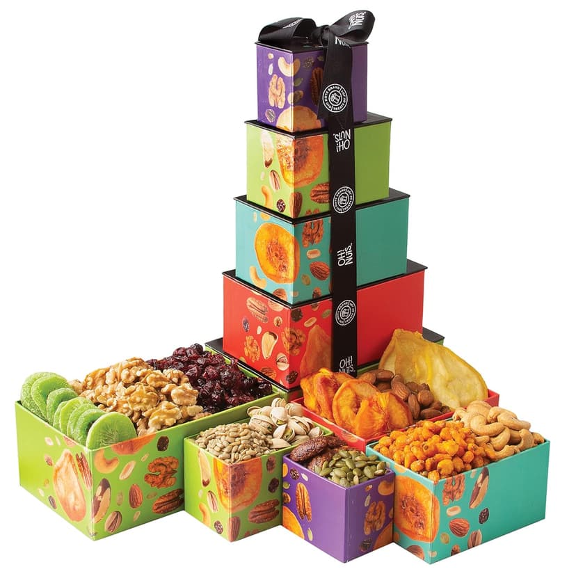 Oh! Nuts Dried Fruit and Nuts Gift Basket Tower with Black Ribbon Gift Basket, 5 Tier Gourmet Arrangement Platter, Healthy Kosher Snack Box for Birthday, Anniversary