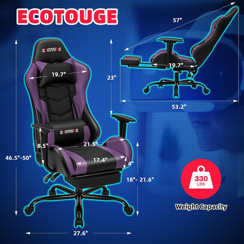 ECOTOUGE PC Massage Gaming Chair with Footrest Ergonomic Office Desk Chair Racing PU Leather Recliner Swivel Rocker with Headrest and Lumbar Pillow, Violet