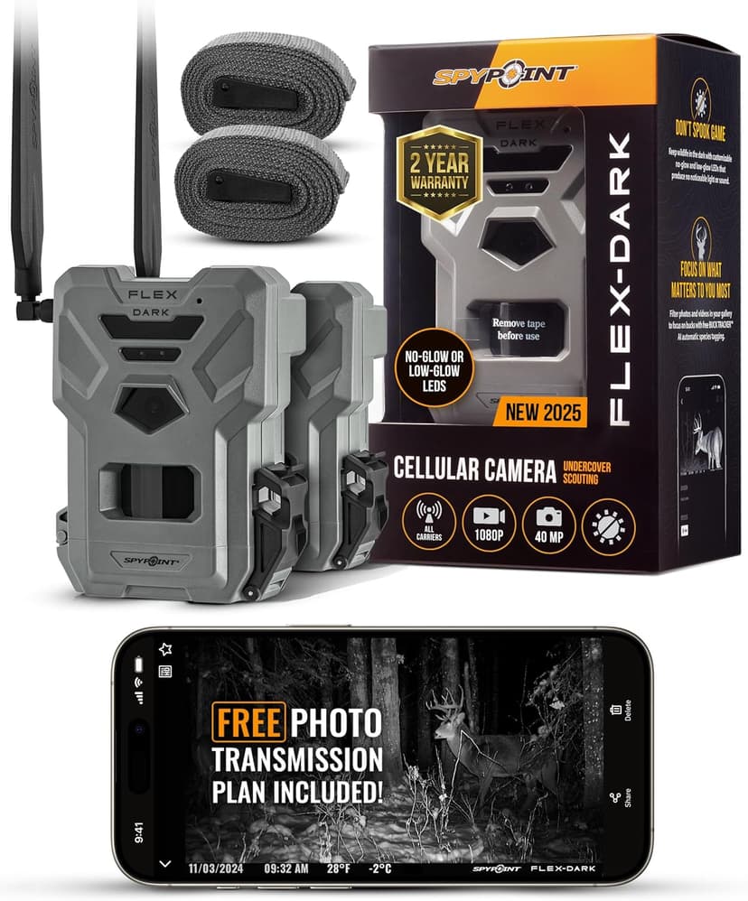 SPYPOINT Flex-Dark Twin Pack Cellular Trail Camera, 40MP Photos, 1080p Video + Sound, No-Glow Game Camera, Hunting Night Vision, Motion Activated,100ft Detection, No WiFi Needed Trail Cam