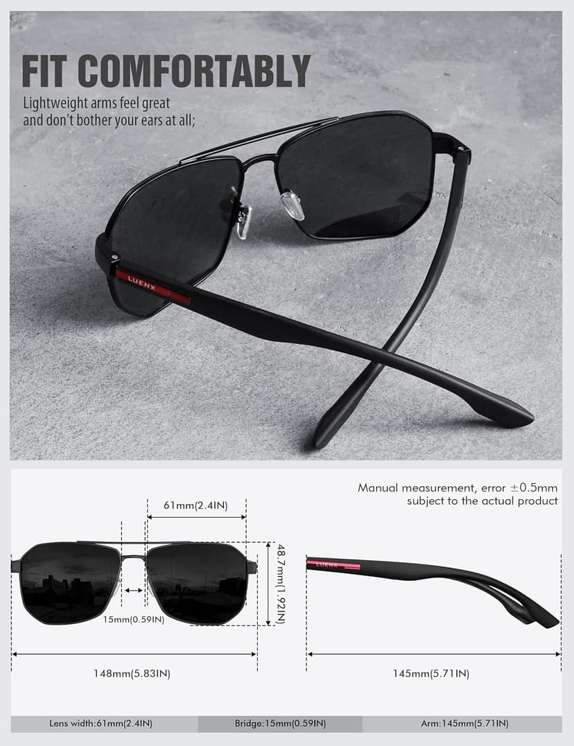 LUENX Aviator Sunglasses for Men Square Polarized Polygon Lens - UV 400 Protection with Accessories 61MM Driving Outdoor