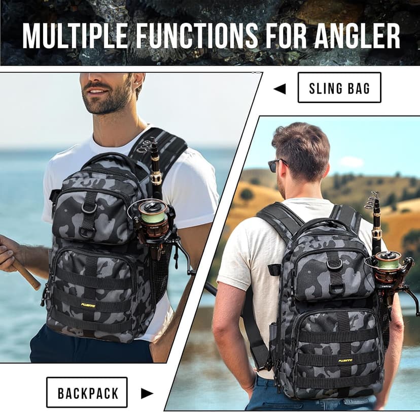 PLUSINNO Fishing Backpack with Tackle Boxes, Waterproof Fishing Sling Tackle Bag For Fishing Gear With Rod Holder, Fishing Gifts for Men With Fishing lures, Fishing pliers, Fish Lip Gripper.