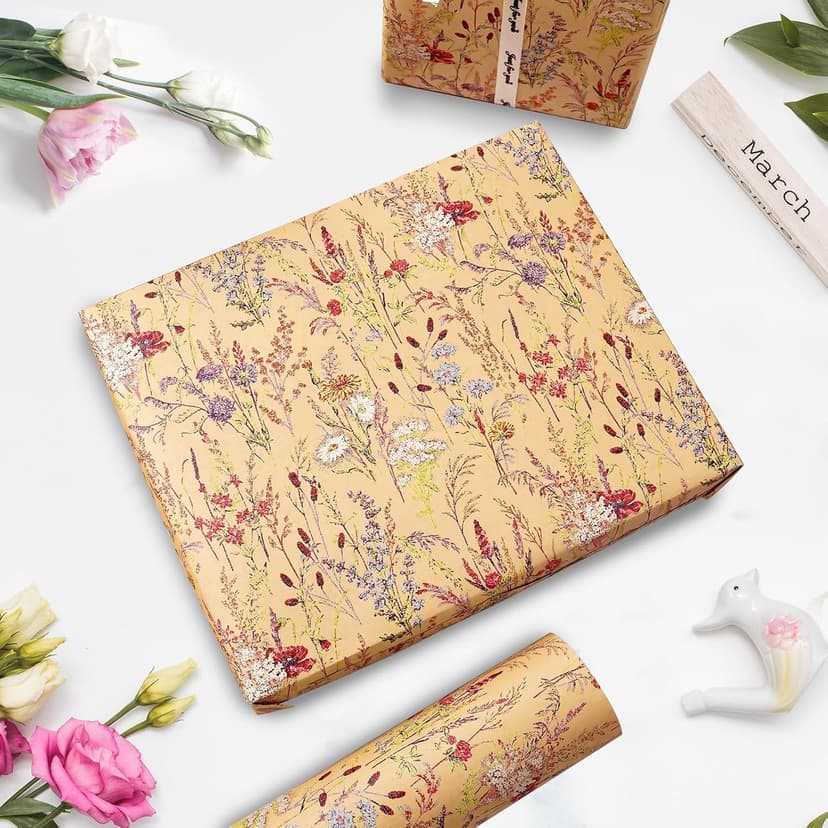 Tyzarglef Wild Flower Wrapping Paper Roll, 17 Inches x 32.8 Feet Kraft Floral Design Wrapping Paper for Women Girls Gifts, Birthdays, Weddings, Bridal Shower and Engagement B0F13926HD