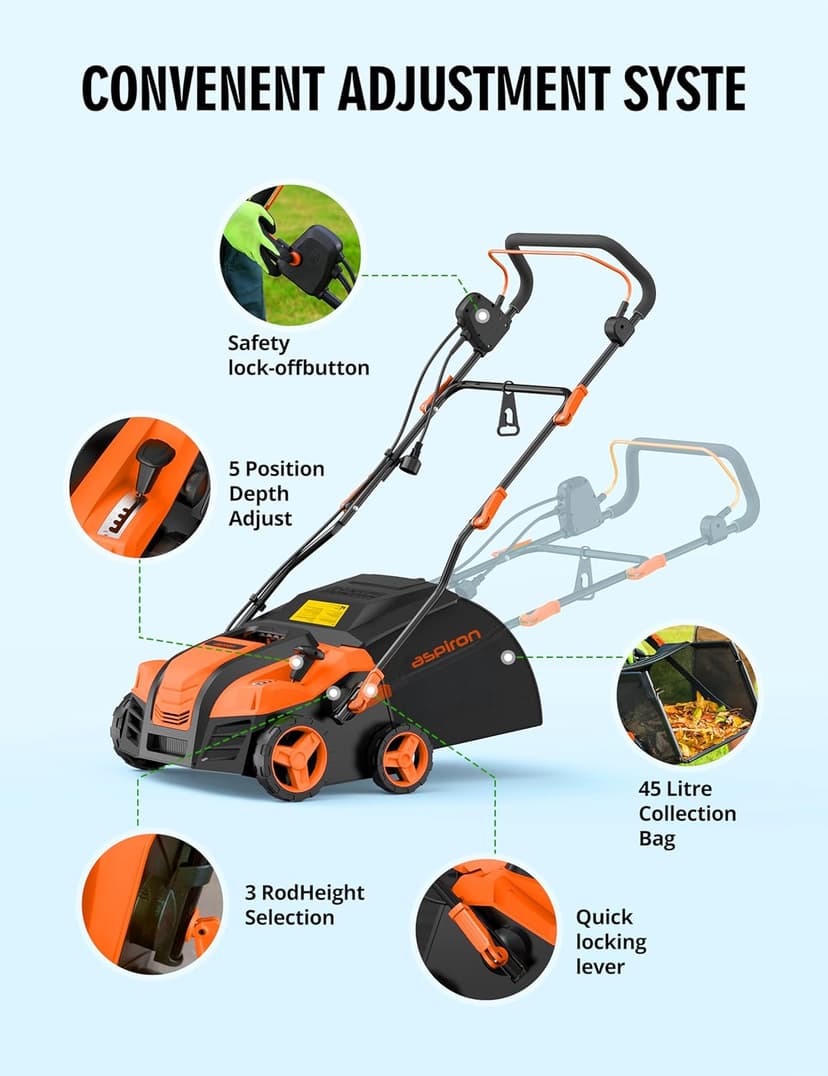 16” Artificial Turf Vacuum,1800w Grass Sweeper 15 Amp Lawn Sweeper Yard Power Brush with 45L Removable Leaf Collection Bag, Quick-Fold, Keeps Clear Sweepy Box, Orange
