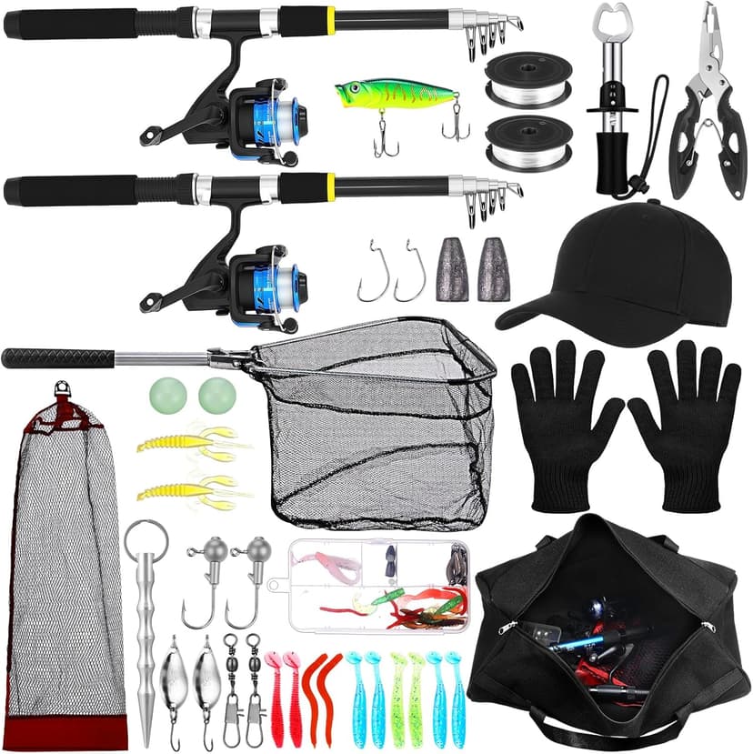 LaRandom Fishing Rod and Reel Combo Telescopic Fishing Pole Kit Collapsible with Plier Lip Gripper Lures Carrier Bag Pre-Loaded Spinning Reel for Beginner Men Travel Saltwater Freshwater