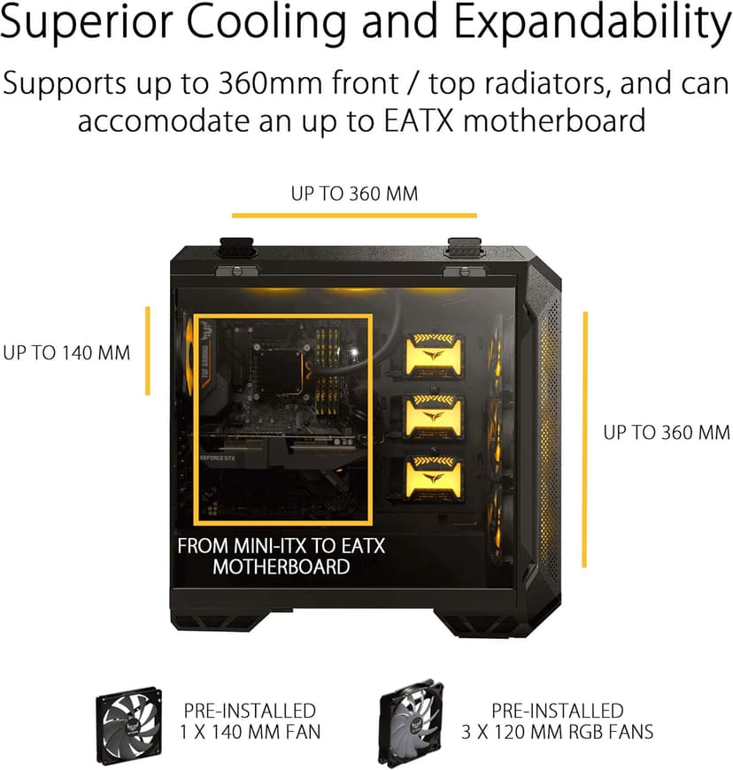 ASUS TUF Gaming GT501 Mid-Tower PC Case for up to EATX Motherboards with USB 3.0 Front Panel, Smoked Tempered Glass, Steel Construction, and Four Case Fans
