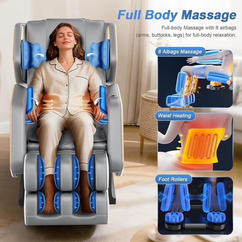 Massage Chair Full Body, Zero Gravity Massage Chair 2026 for Back Fatigue with 10 Fixed Rollers, Heating, Airbags, Phone Controller, Bluetooth Speaker, Nightlights for Living Room, Bedroom
