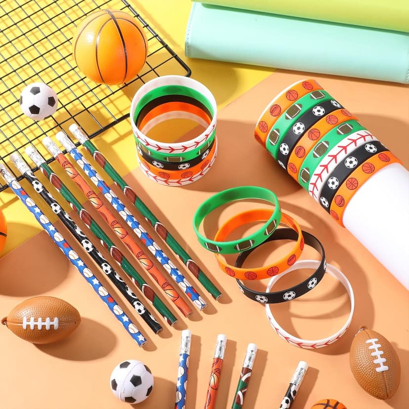 Sabary 48 Pcs Sports Pencils Silicone Bracelets Set Soccer Football Basketball Baseball Wooden Pencil Rubber Wristbands for Birthday Gifts Sports Party Favors(Multi Balls)