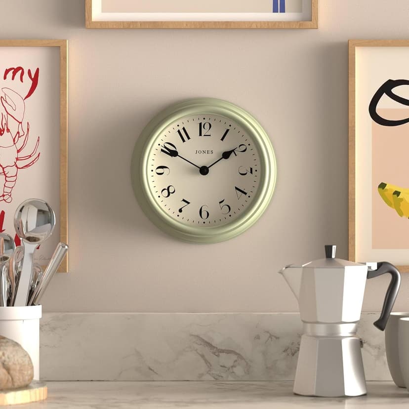 JONES CLOCKS® Frieze Wall Clock | Small Elegant Classic Round Clock | 23cm | Sage Green | Pretty Design Ideal for The Kitchen, Living Room, Bedroom, Large or Small Spaces