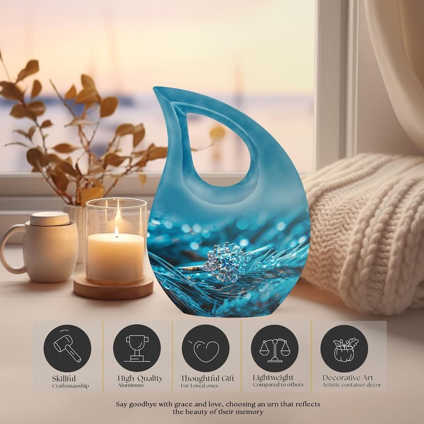 Diamond Ring Funeral Tiny Urns for Adult Ashes Men & Women, Blue Keepsake Drop Funeral Tiny Urn for Ashes Adult Female Cremation 3 Inch, Burial Urn for Daughter & Teenage Girls B0FH759BJ3