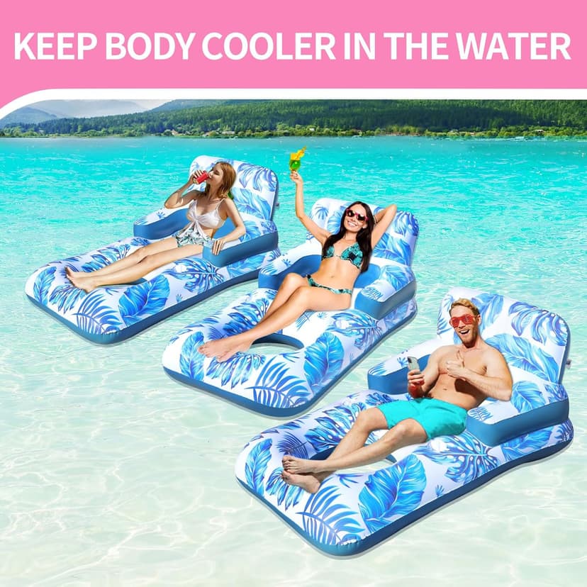 Pool Floats Adult, Pool Floaties with Cup Holder and Phone Holder, Pool Lounger Float with Headrest, Backrest and Footrest, 65" Thicken PVC Inflatable Pool Float for Adult Pool Party Beach Cool