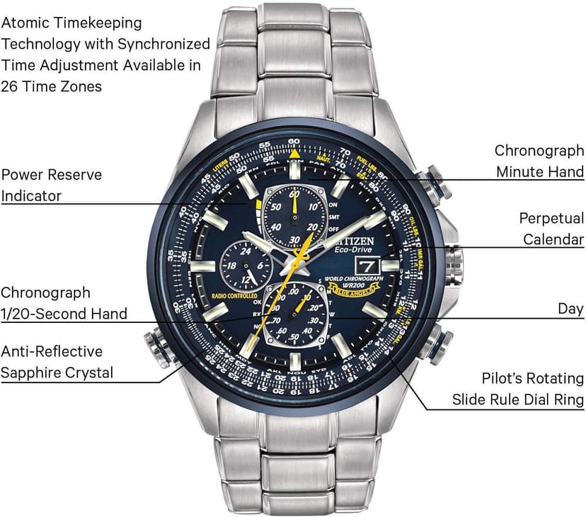 Citizen Men's Eco-Drive Sport Luxury World Chronograph Atomic Time Keeping Watch in Stainless Steel, Blue Dial (Model: AT8020-54L)