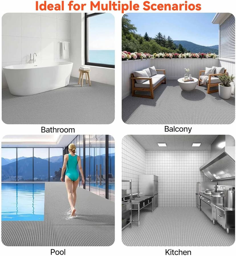 Drainage Non Slip Floor Mat 3x5 FT, Heavy-Duty PVC Rubber Runner Mat, Cuttable Flooring Roll for Wet Areas in Bathroom, Pool, Garage, Kitchen, Sauna, Indoor Outdoor Use, Gray