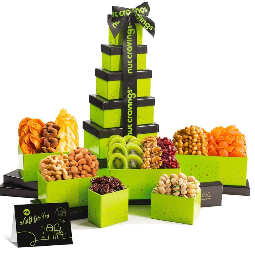 Green Tower + Ribbon, Food Arrangement, Healthy Snack Care Package, Kosher NUT CRAVINGS - Dried Fruit & Mixed Nuts Gift Basket (12 Assortments) B081294WT2
