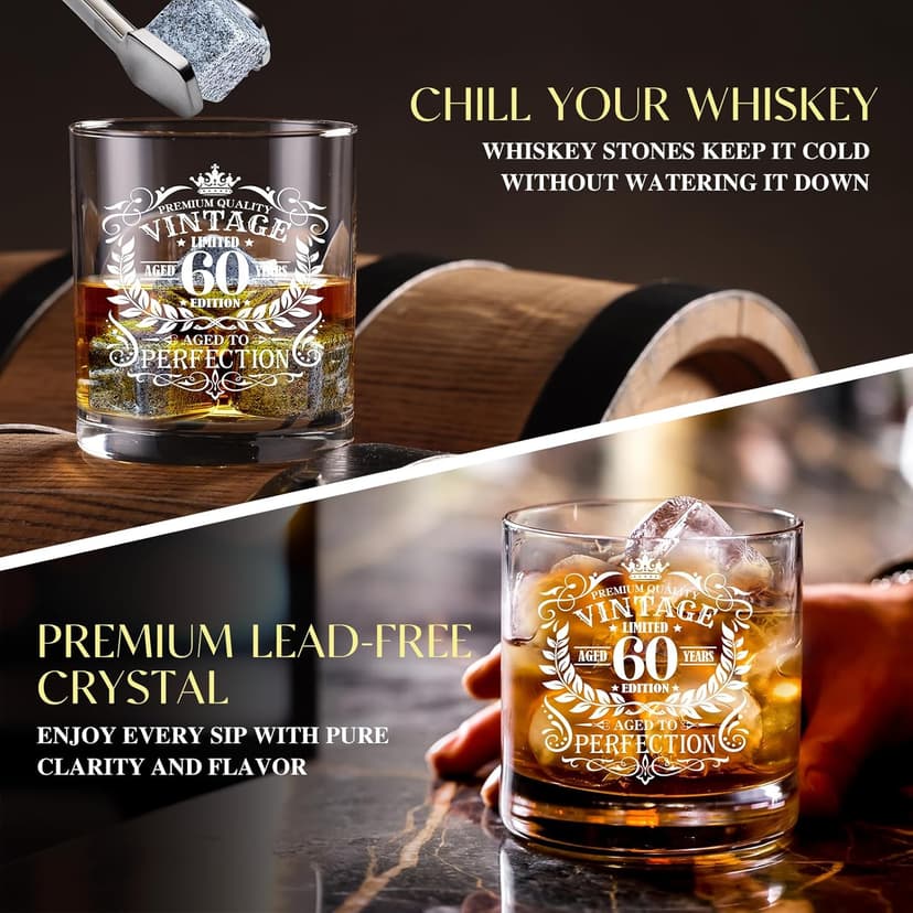 60th Birthday Gifts for Men Whiskey Glass Set, 60th Birthday Party Supplies with 11 Oz Whiskey Glass Coaster Stone Baseball Cap Apron Sock Funny Toilet Paper Keychain for Him, Dad, Husband, Friends