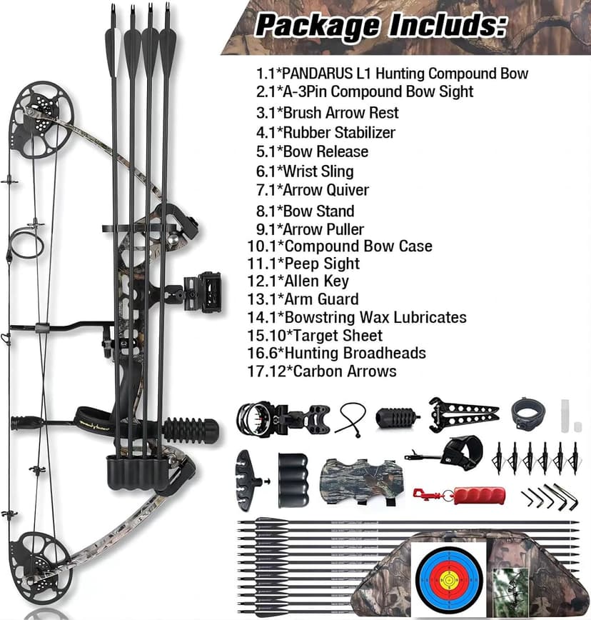 Compound Bow Draw Weight 0-70 Lbs for Pull Beginner and Intermediate Archer Fully Adjustable 19.25"-31" with All Accessories, up to IBO 320 fps,Package with Archery Hunting Equipment New 2024