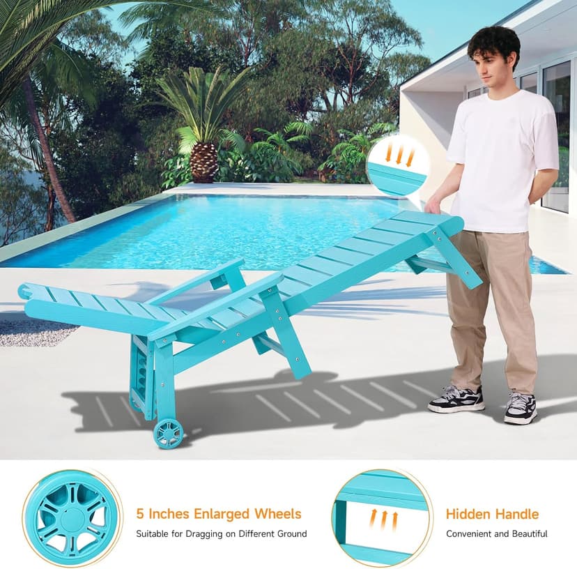 ONBRILL Patio Chaise Lounge Set of 2, Outdoor Lounge Chairs with 5-Level Adjustable Backrest, CupHolder, No Fade, No Break, 350lbs Capacity, HDPS Material, Blue