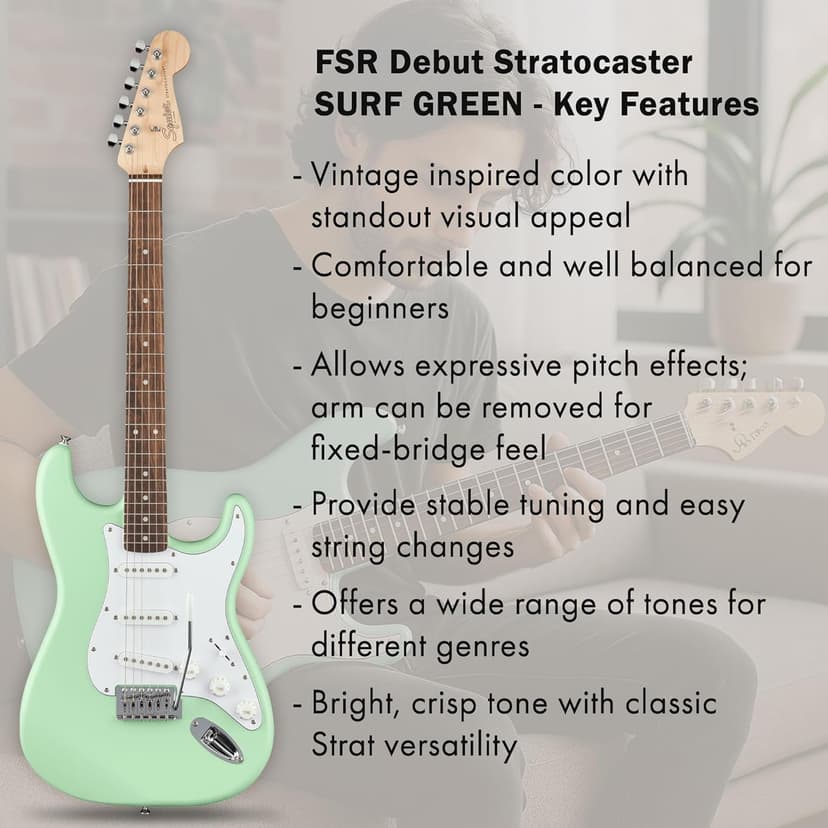 Fender Squier Stratocaster Electric Guitar - Surf Green Bundle with Amplifier, Gig Bag, Cable, Strap, Picks, and Austin Bazaar Instructional Video