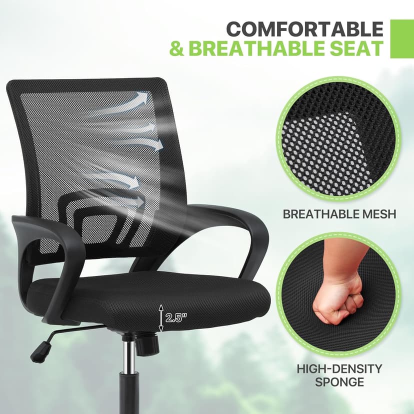 Magshion Ergonomic Office Desk Chair, Mid-Back Mesh Computer Chair, Swivel Chair with Breathable Backrest & Lumbar Support, Adjustable Height for Gaming, Work, Study, 300 Lbs Capacity, Black