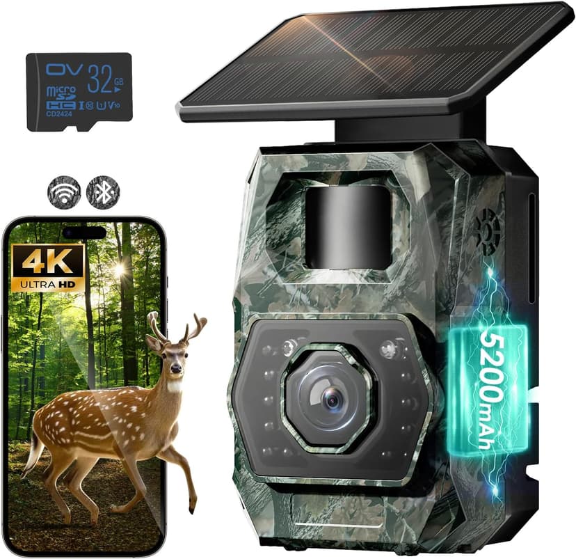 MAXDONE Solar Trail Camera WiFi Bluetooth - 4K 64MP Game Cameras with Night Vision Motion Activated IP66 Waterproof, with 5200mAh Battery and 32GB Memory Card Cameras for Outdoor and Backyard ﻿