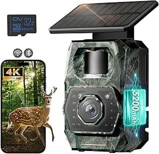 MAXDONE Solar Trail Camera WiFi Bluetooth - 4K 64MP Game Cameras with Night Vision Motion Activated IP66 Waterproof, with 5200mAh Battery and 32GB Memory Card Cameras for Outdoor and Backyard ﻿