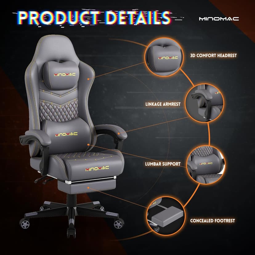 Gaming Chair,Ergonomic Computer Gaming Chair,400lb Load-Bearing,Retractable Footrest/Waist Support/Ergonomic Backrest[Spring + 4D Sponge] (Grey)
