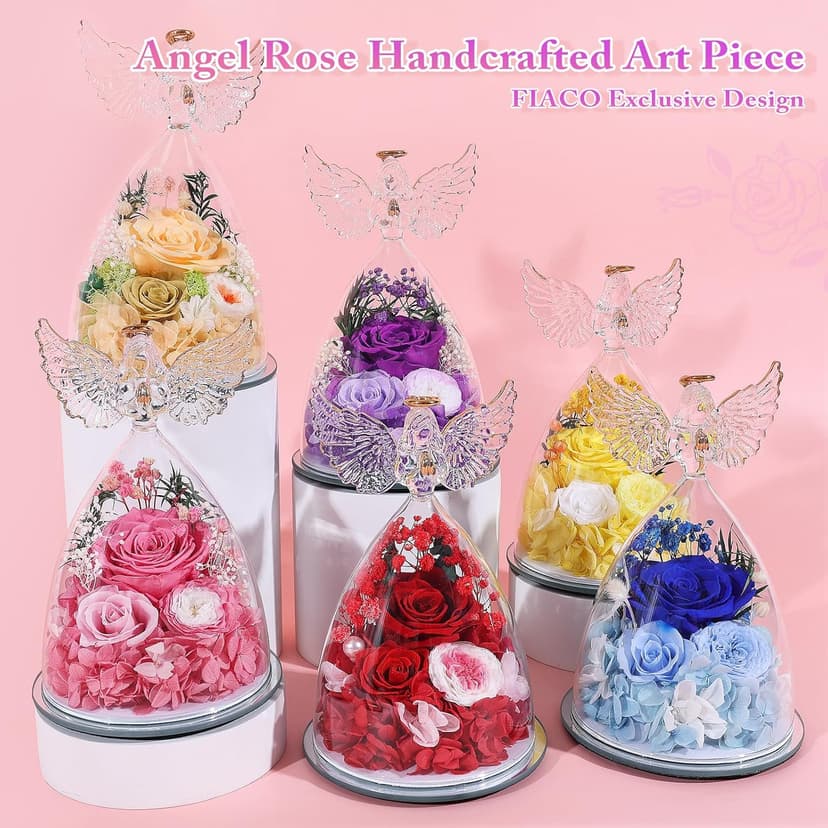 FIACO Preserved Rose Christmas Birthday Gifts for Women Forever Fresh Flowers Delivery Gifts for Mom Grandma Wife Anniversary Eternal Roses in Glass Angel Figurines