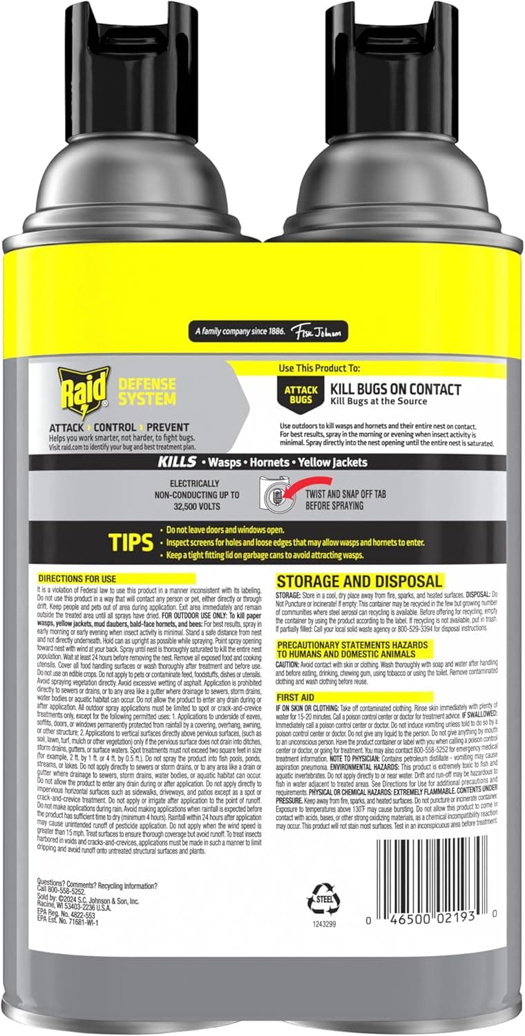Raid Wasp & Hornet Killer Spray, Kills the Entire Nest, For Paper Wasps, Yellow Jackets, Mud Daubers and more, 14 oz (Pack of 2)