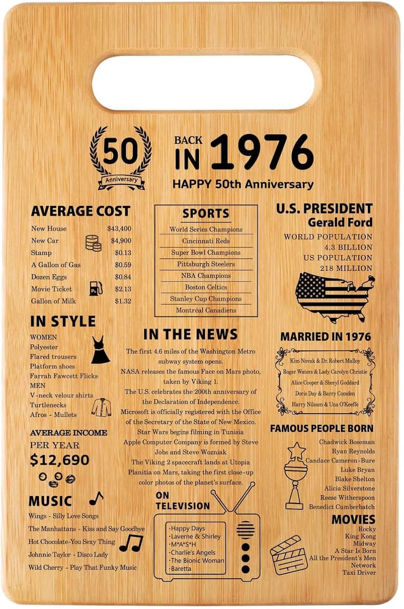 50th Wedding Anniversary Cutting Board Gifts for Women Men Marriage Gifts for Couple 1975 Poster Back In 1975 50th Anniversary Decorations 100% Organic Bamboo Pre Oiled 11"L x 7"W x 0.5"Th