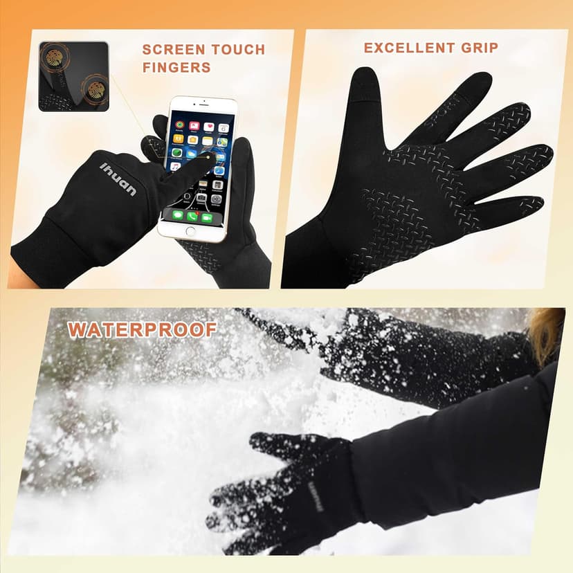 ihuan Winter Waterproof Gloves for Men Women Warm Running Cycling Snow Ski Gloves for Cold Weather, Thermal Windproof Material and Touch Screen Finger for Driving Snowboarding