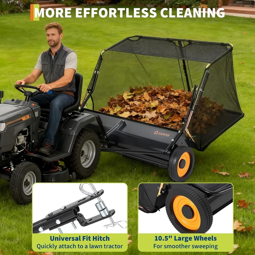 44 Inch Tow Behind Lawn Sweeper, 26 cu. ft. Large Pull Behind Grass Sweeper Heavy Duty Leaf & Grass Collector with Dumping Rope Design, Adjustable Sweeping Height for Yard and Grass Cleanup Tool