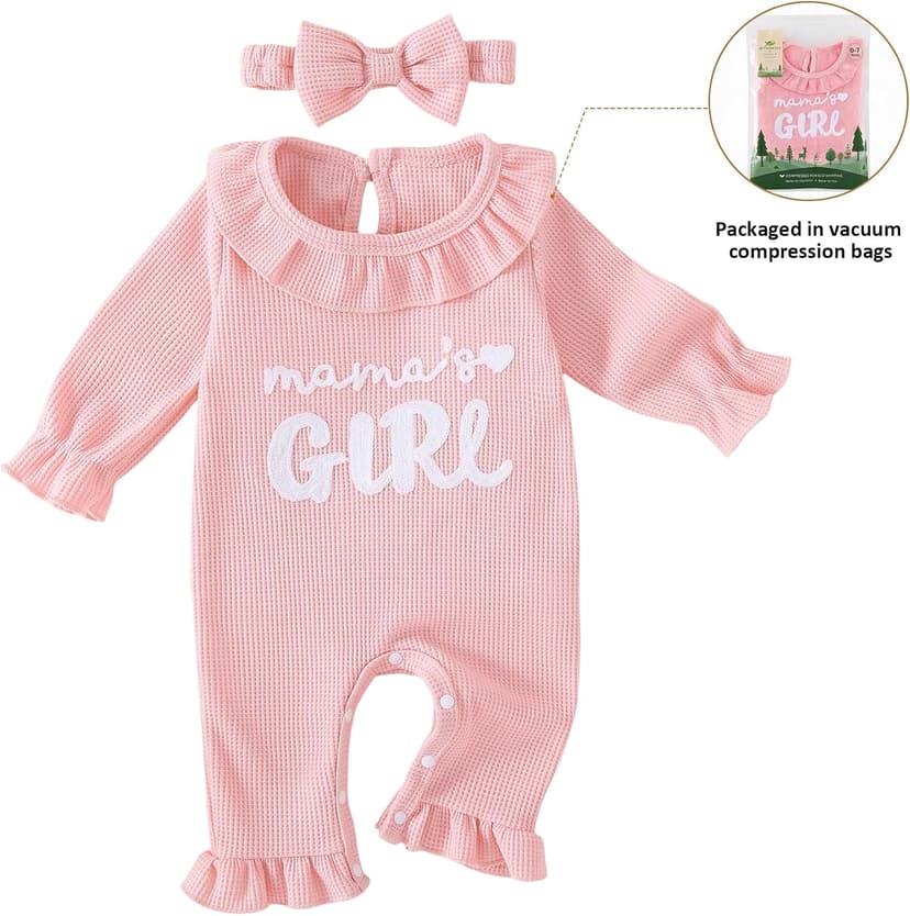 Soft waffle knit romper with ruffle trim, snap closure and matching bow headband QITUDATEY Baby Girl Waffle Knit Romper with Headband, Ruffle Jumpsuit B0HCKVJZZB